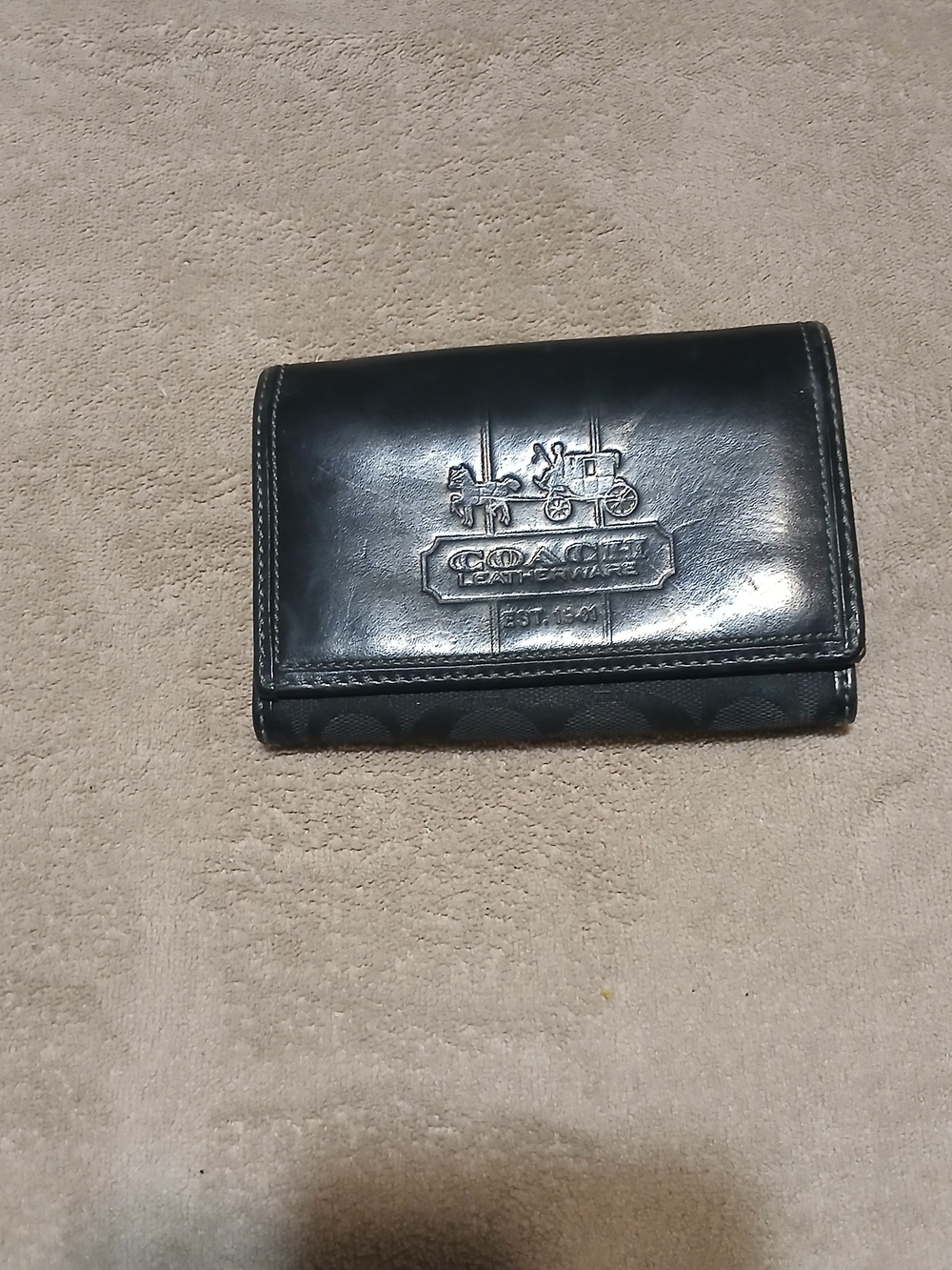 COACH Black Leather & Signature Compact Bifold Wallet with Signature Canvas Trim